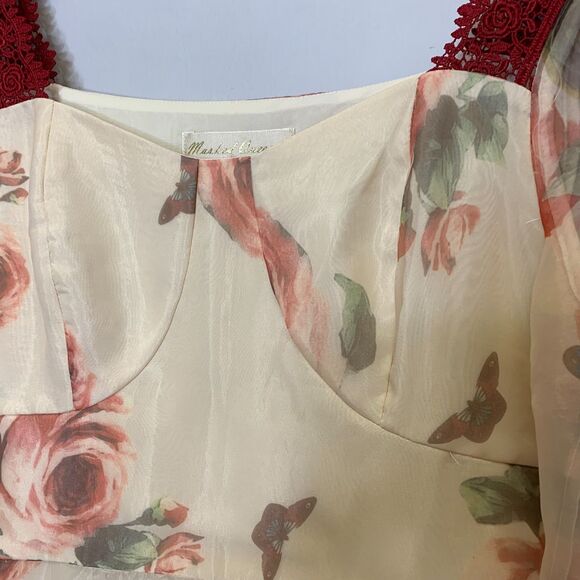 Womens Retro Romantic Floral Burgundy Crochet Lace Fitted Bodice Dress Medium - Picture 9 of 13